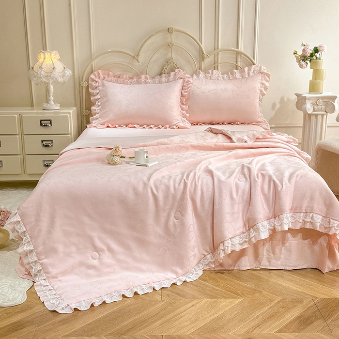 91家纺网 家纺一手货源 找家纺 优贝家纺 2026春夏新款提花水洗天丝冰丝天丝韩版夏被夏凉被空调被四件套 蝶舞-粉