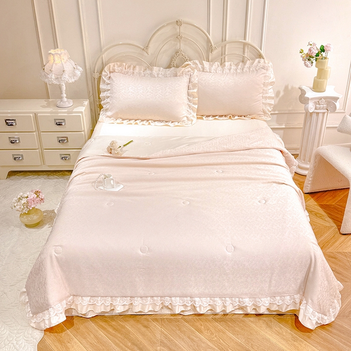 91家纺网 家纺一手货源 找家纺 优贝家纺 2026春夏新款提花水洗天丝冰丝天丝韩版夏被夏凉被空调被四件套 梵希-米白