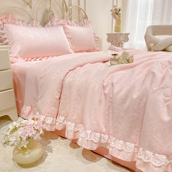 91家纺网 家纺一手货源 找家纺 优贝家纺 2026春夏新款提花水洗天丝冰丝天丝韩版夏被夏凉被空调被四件套 梵希-粉