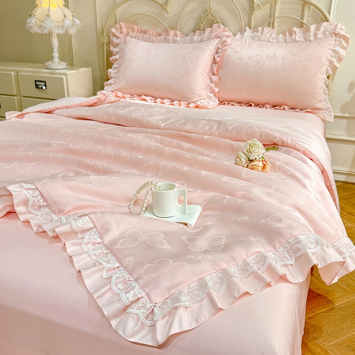 91家纺网 家纺一手货源 找家纺 优贝家纺 2026春夏新款提花水洗天丝冰丝天丝韩版夏被夏凉被空调被四件套 蝶舞-粉