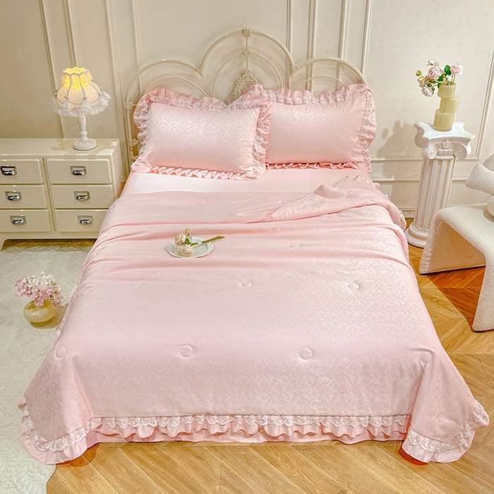 91家纺网 家纺一手货源 找家纺 优贝家纺 2026春夏新款提花水洗天丝冰丝天丝韩版夏被夏凉被空调被四件套 梵希-粉