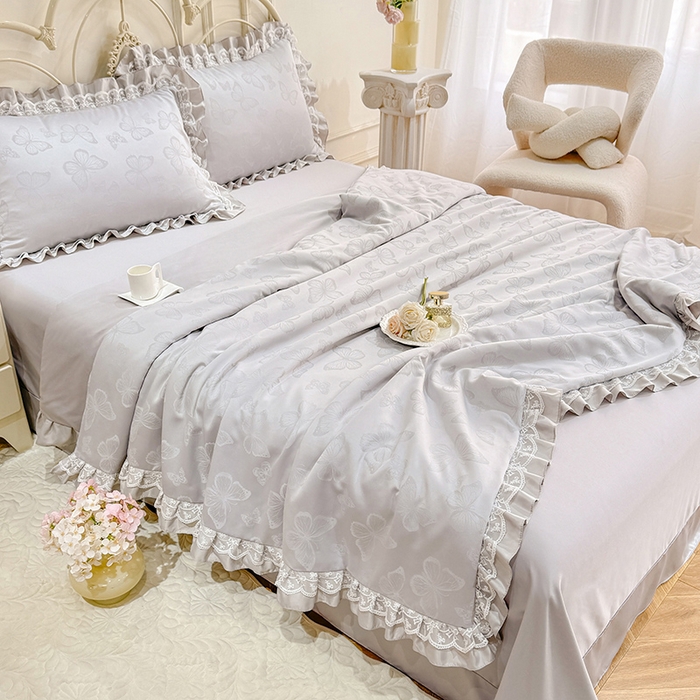 优贝家纺 2026春夏新款提花水洗天丝冰丝天丝韩版夏被夏凉被空调被四件套 蝶舞-灰