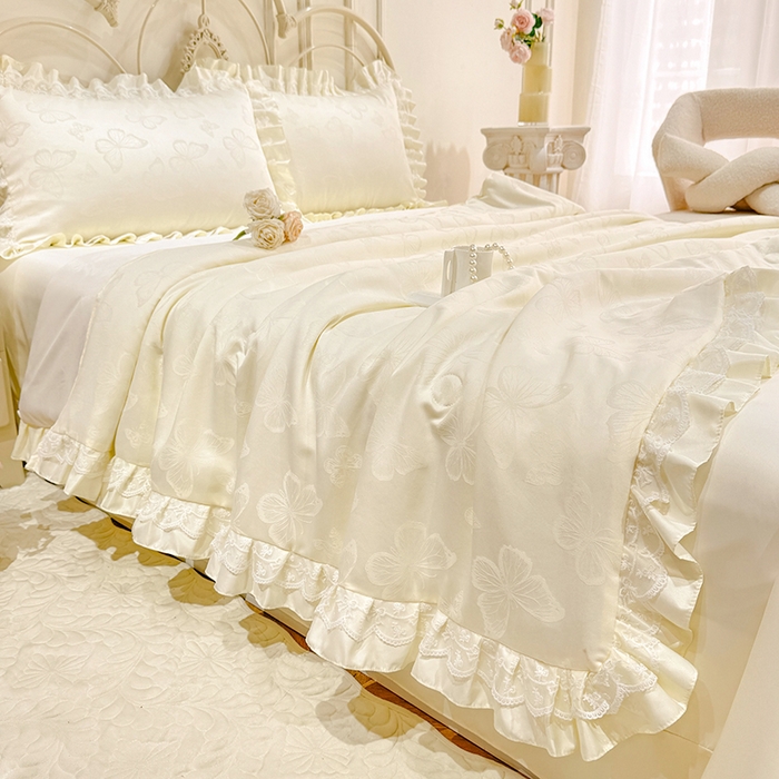 91家纺网 家纺一手货源 找家纺 优贝家纺 2026春夏新款提花水洗天丝冰丝天丝韩版夏被夏凉被空调被四件套 蝶舞-白