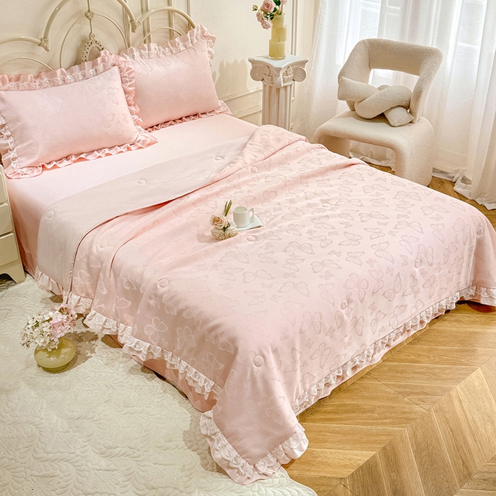 91家纺网 家纺一手货源 找家纺 优贝家纺 2026春夏新款提花水洗天丝冰丝天丝韩版夏被夏凉被空调被四件套 蝶舞-粉