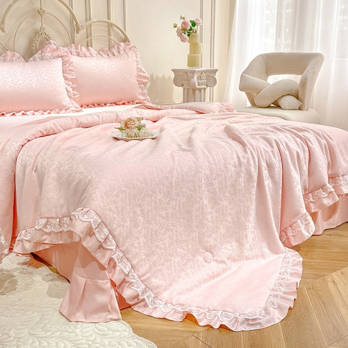 91家纺网 家纺一手货源 找家纺 优贝家纺 2026春夏新款提花水洗天丝冰丝天丝韩版夏被夏凉被空调被四件套 梵希-粉