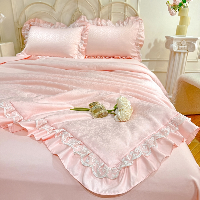 91家纺网 家纺一手货源 找家纺 优贝家纺 2026春夏新款提花水洗天丝冰丝天丝韩版夏被夏凉被空调被四件套 梵希-粉