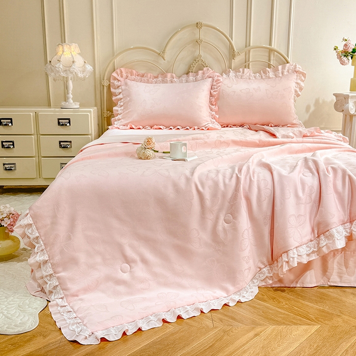 91家纺网 家纺一手货源 找家纺 优贝家纺 2026春夏新款提花水洗天丝冰丝天丝韩版夏被夏凉被空调被四件套 蝶舞-粉