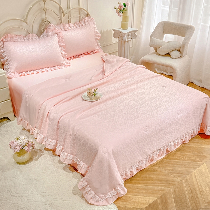 91家纺网 家纺一手货源 找家纺 优贝家纺 2026春夏新款提花水洗天丝冰丝天丝韩版夏被夏凉被空调被四件套 梵希-粉