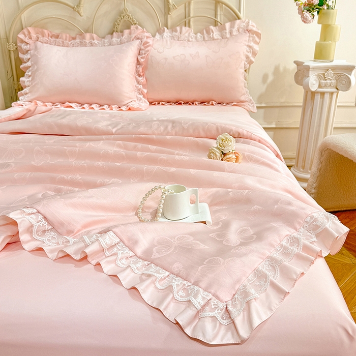 91家纺网 家纺一手货源 找家纺 优贝家纺 2026春夏新款提花水洗天丝冰丝天丝韩版夏被夏凉被空调被四件套 蝶舞-粉