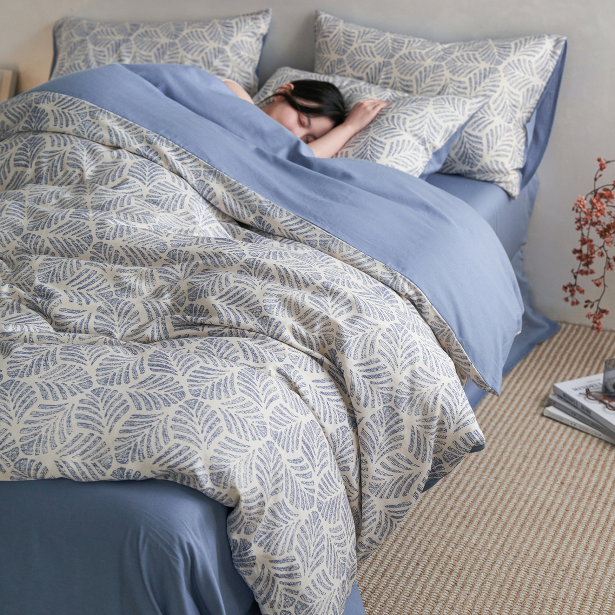 91家纺网 家纺一手货源 找家纺 如一 2026新款A类复古全棉棉麻印花四件套 叶蓝