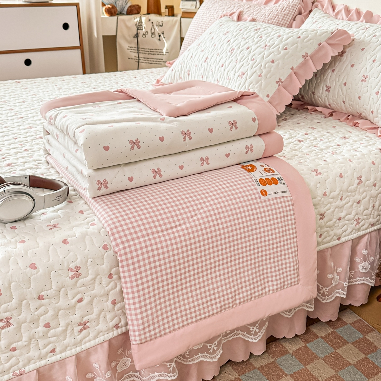 雅眠居 2026直播爆款双层蕾丝花边夏被款床盖款四件套 彩格-粉