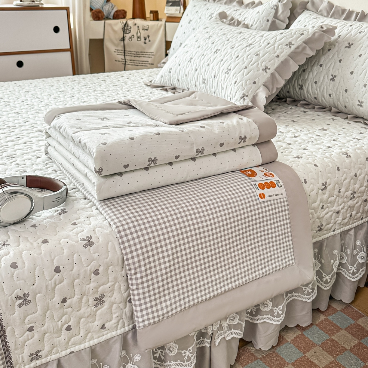 雅眠居 2026直播爆款双层蕾丝花边夏被款床盖款四件套 彩格-灰