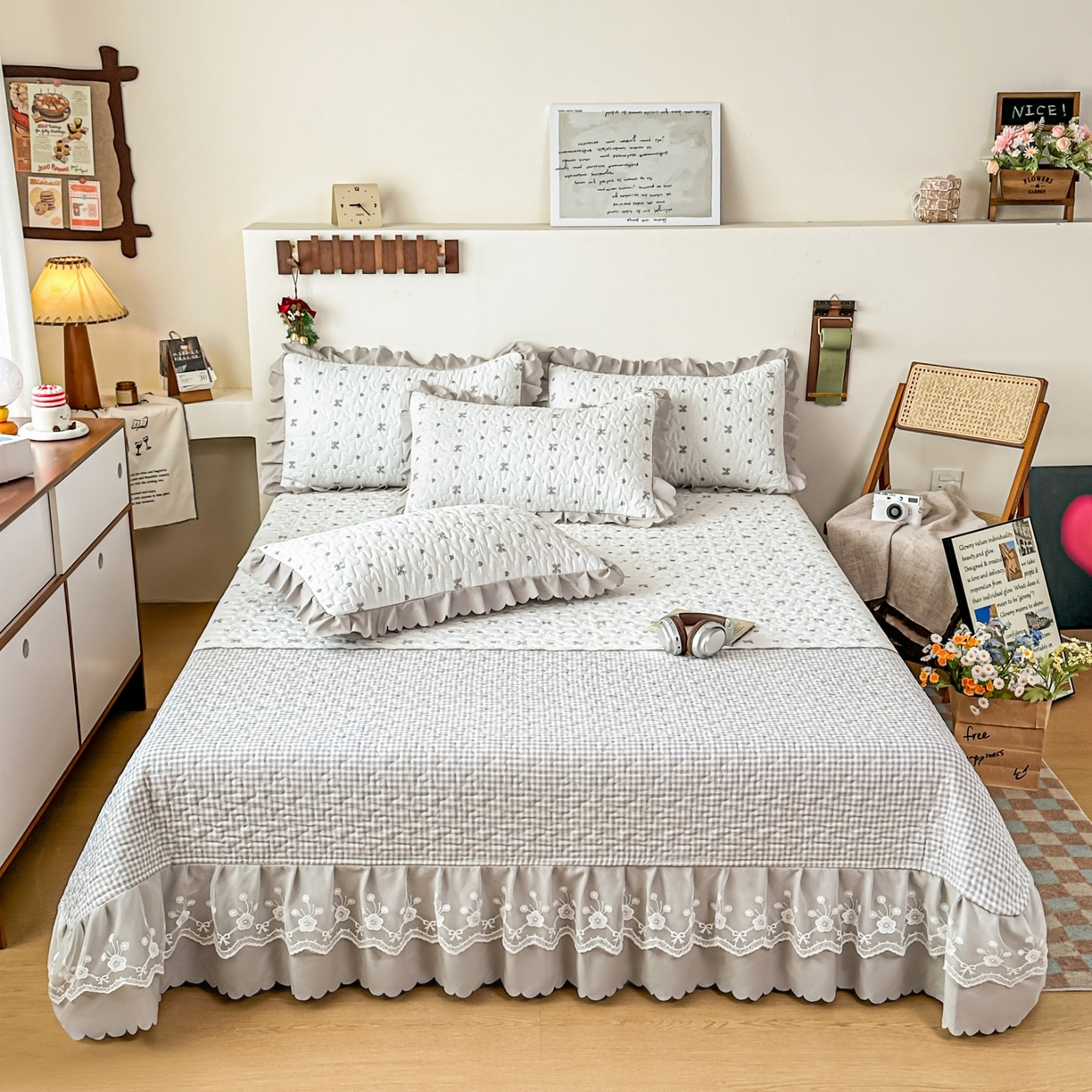 91家纺网 家纺一手货源 找家纺 雅眠居 2026直播爆款双层蕾丝花边夏被款床盖款四件套 彩格-灰