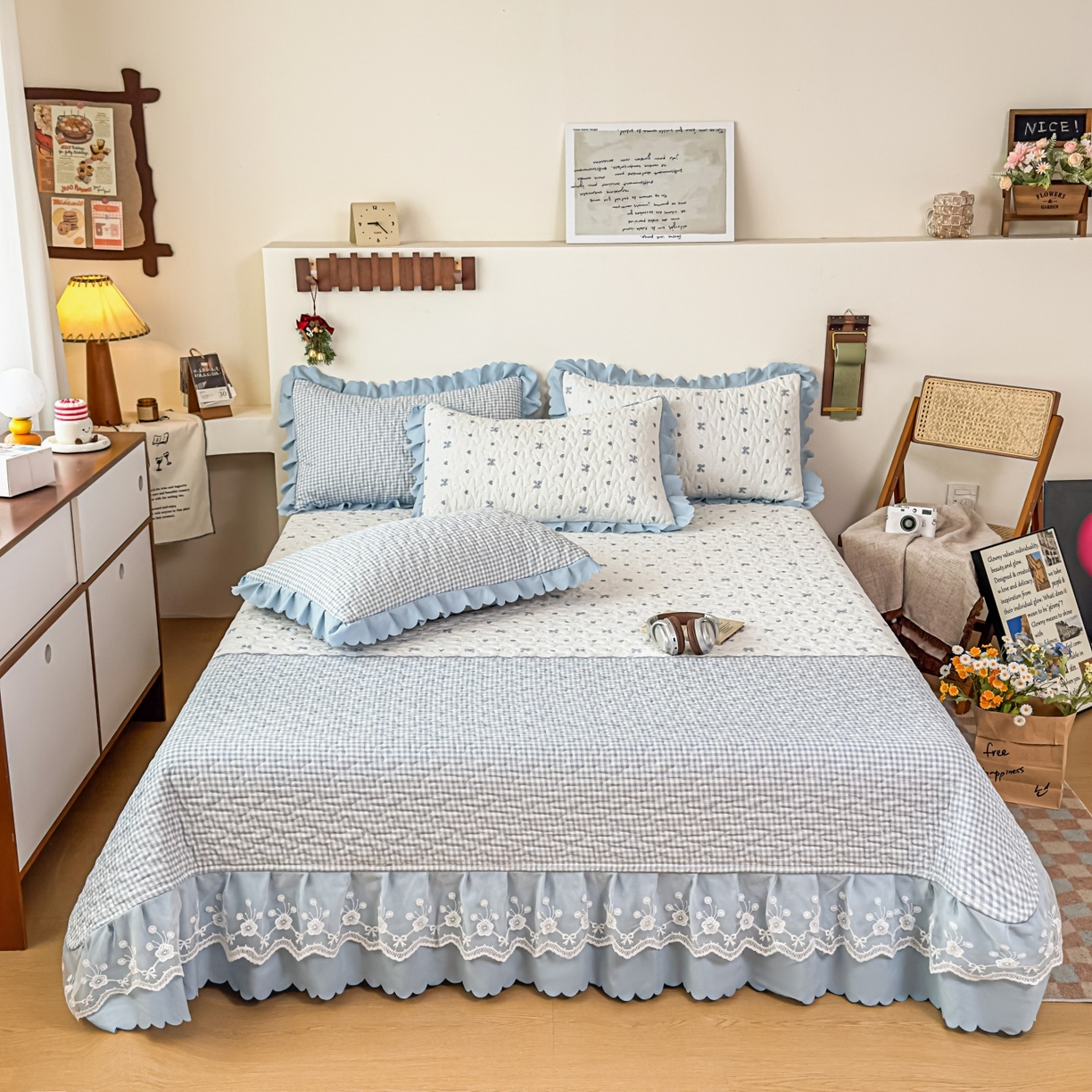 91家纺网 家纺一手货源 找家纺 雅眠居 2026直播爆款双层蕾丝花边夏被款床盖款四件套 彩格-蓝