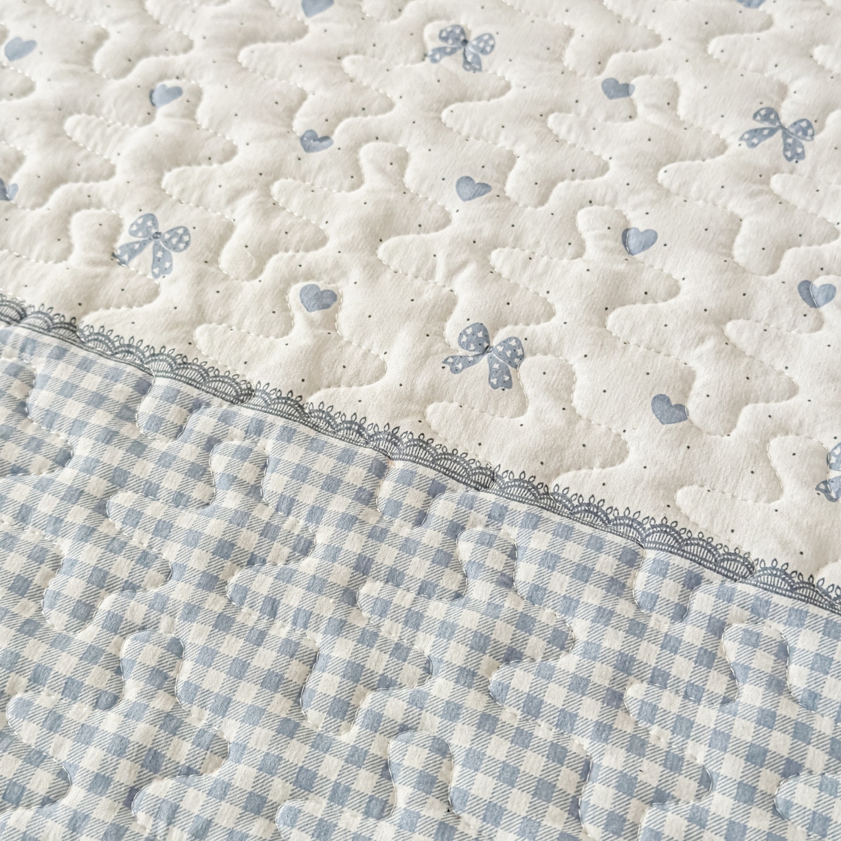 91家纺网 家纺一手货源 找家纺 雅眠居 2026直播爆款双层蕾丝花边夏被款床盖款四件套 彩格-蓝