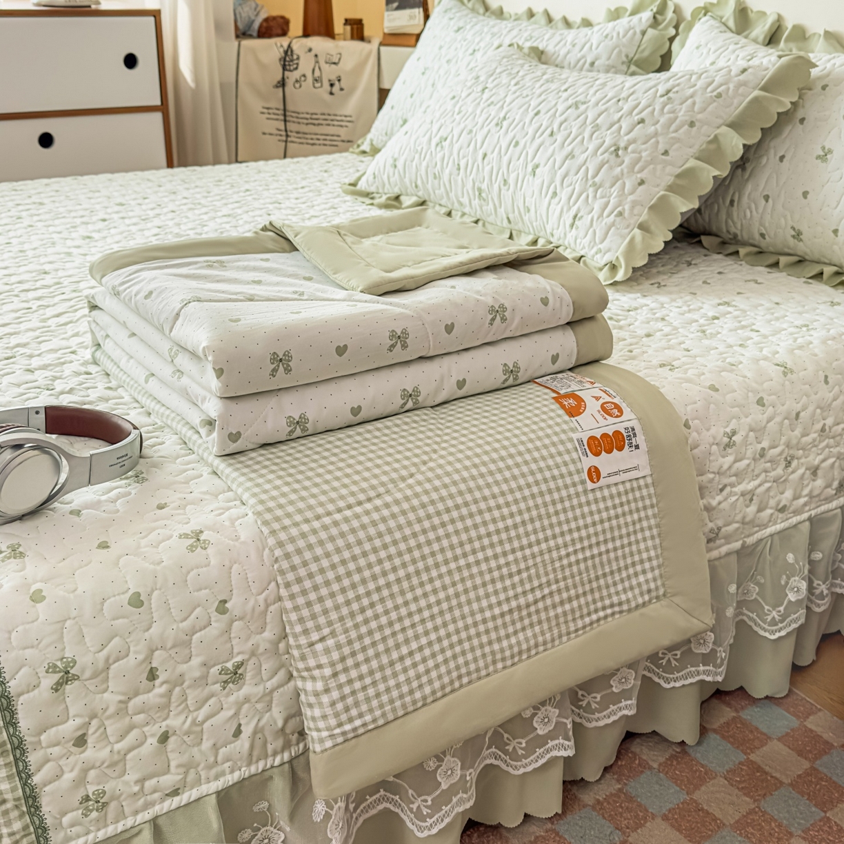 雅眠居 2026直播爆款双层蕾丝花边夏被款床盖款四件套 彩格-绿