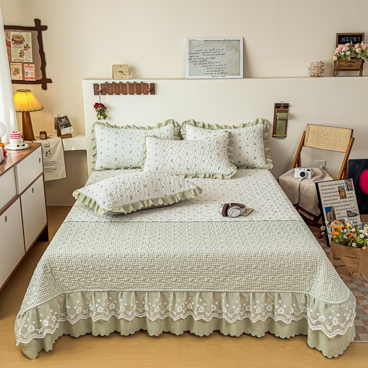 91家纺网 家纺一手货源 找家纺 雅眠居 2026直播爆款双层蕾丝花边夏被款床盖款四件套 彩格-绿