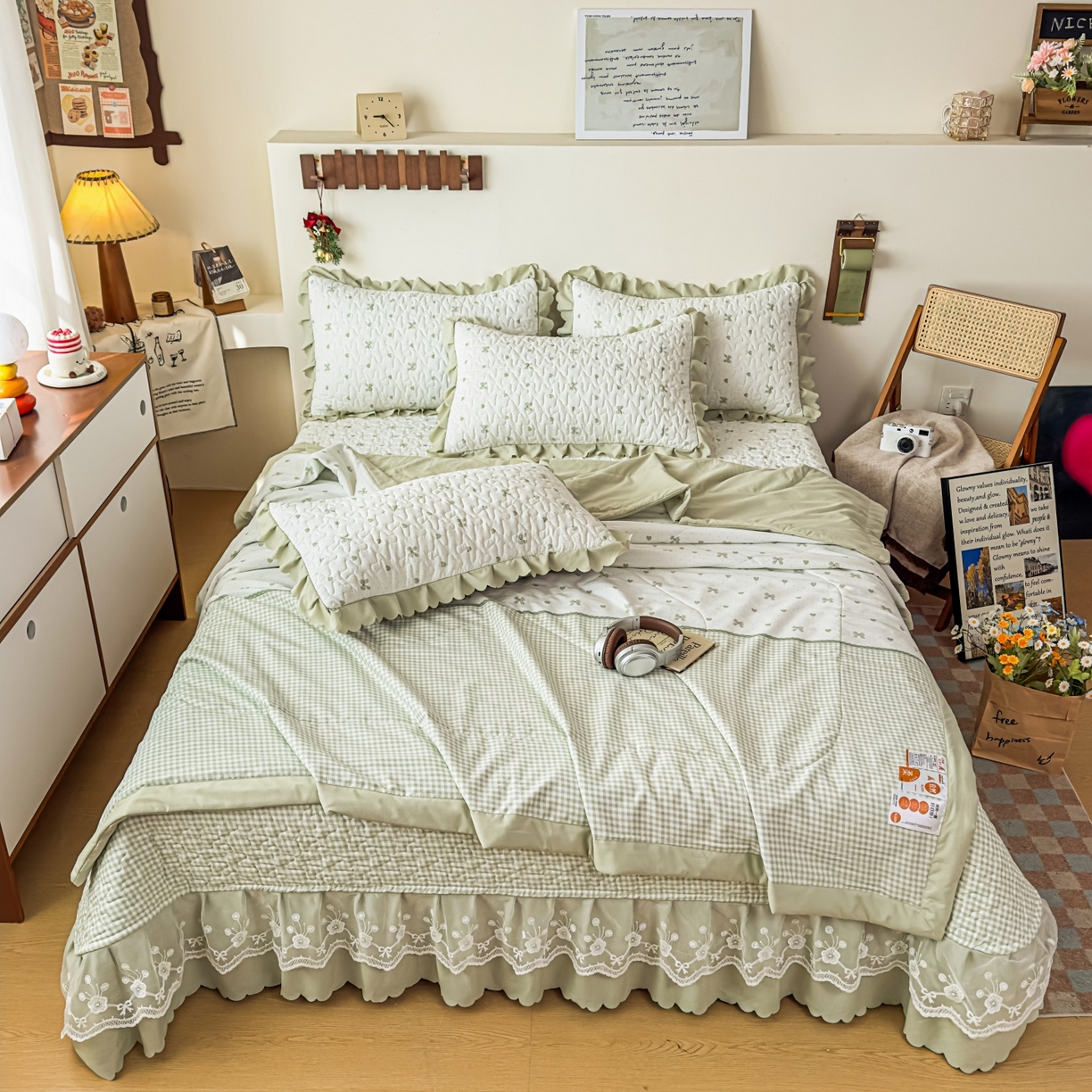 91家纺网 家纺一手货源 找家纺 雅眠居 2026直播爆款双层蕾丝花边夏被款床盖款四件套 彩格-绿
