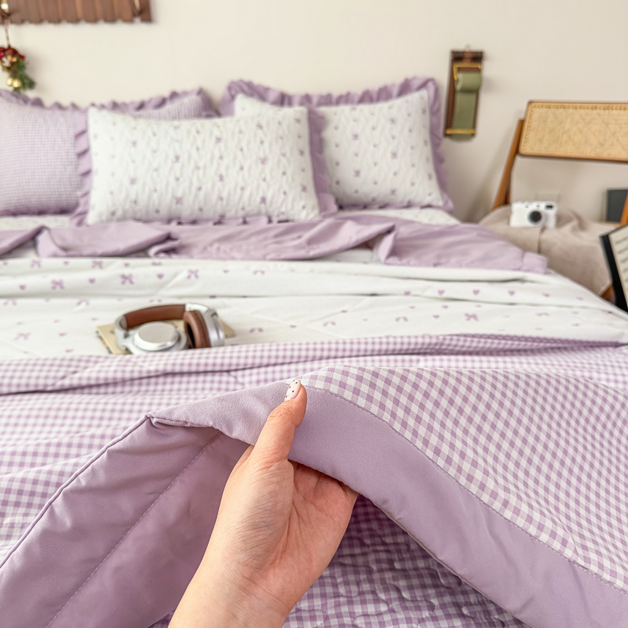 91家纺网 家纺一手货源 找家纺 雅眠居 2026直播爆款双层蕾丝花边夏被款床盖款四件套 彩格-紫