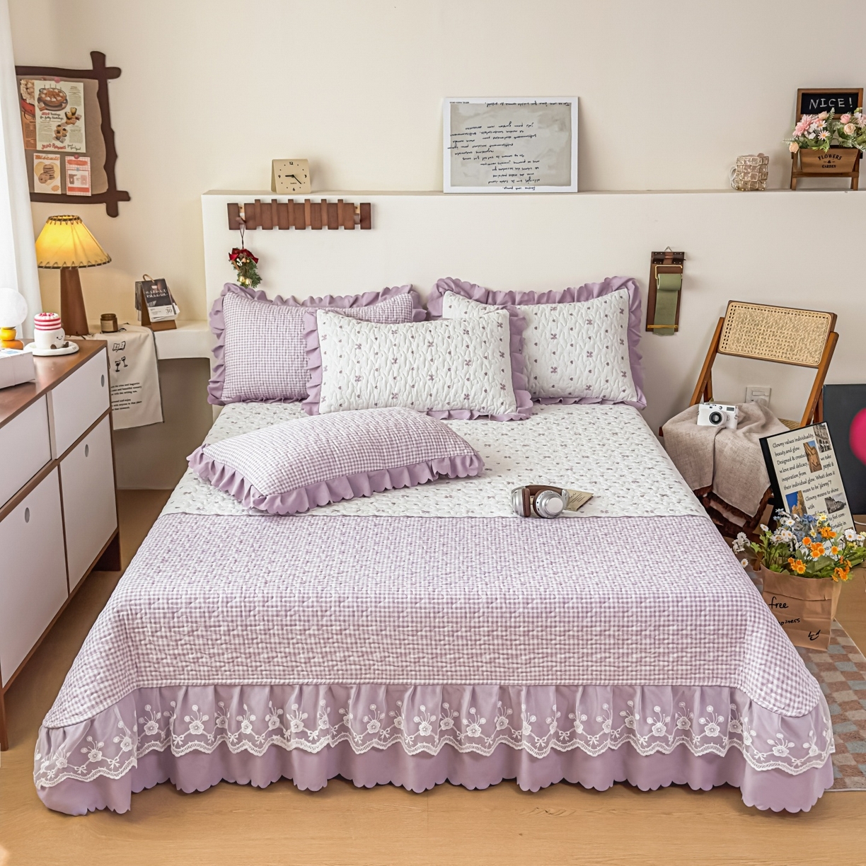 91家纺网 家纺一手货源 找家纺 雅眠居 2026直播爆款双层蕾丝花边夏被款床盖款四件套 彩格-紫