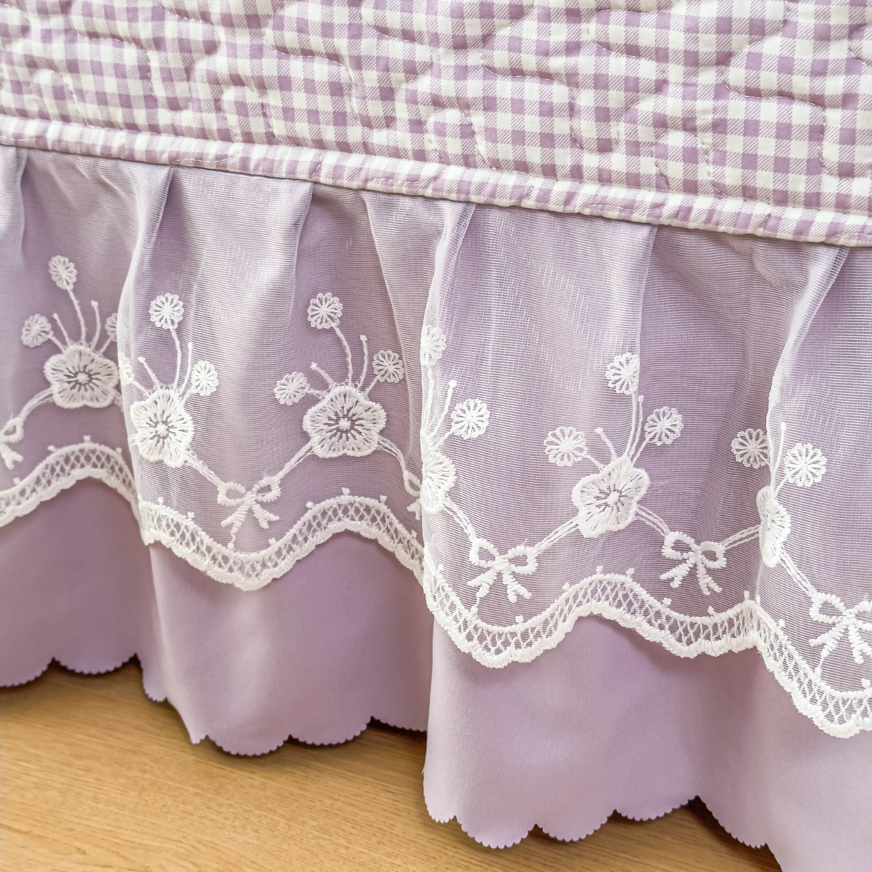 91家纺网 家纺一手货源 找家纺 雅眠居 2026直播爆款双层蕾丝花边夏被款床盖款四件套 彩格-紫