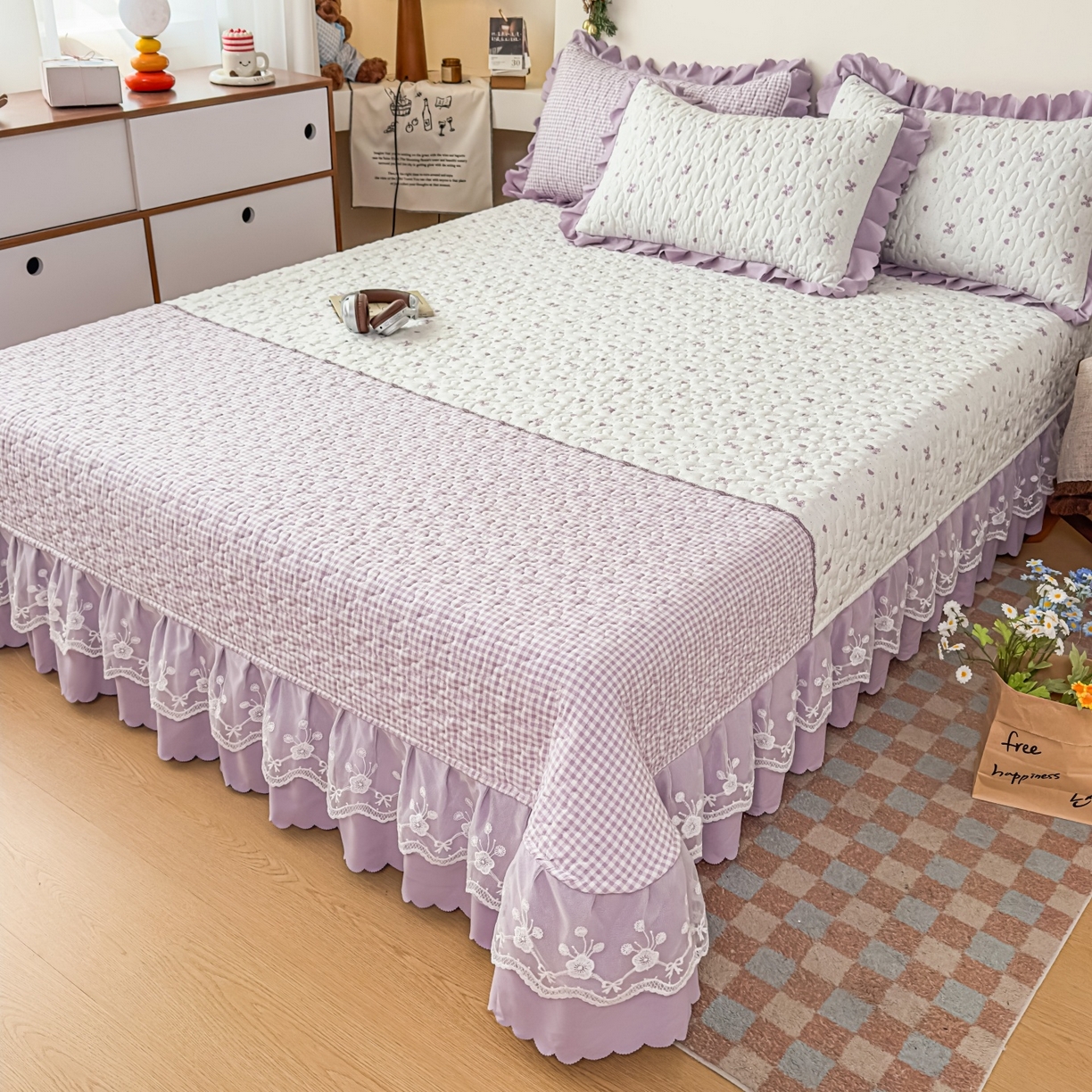 91家纺网 家纺一手货源 找家纺 雅眠居 2026直播爆款双层蕾丝花边夏被款床盖款四件套 彩格-紫