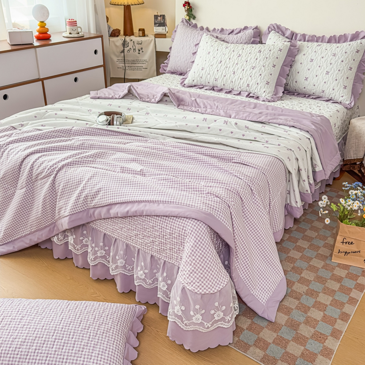 91家纺网 家纺一手货源 找家纺 雅眠居 2026直播爆款双层蕾丝花边夏被款床盖款四件套 彩格-紫