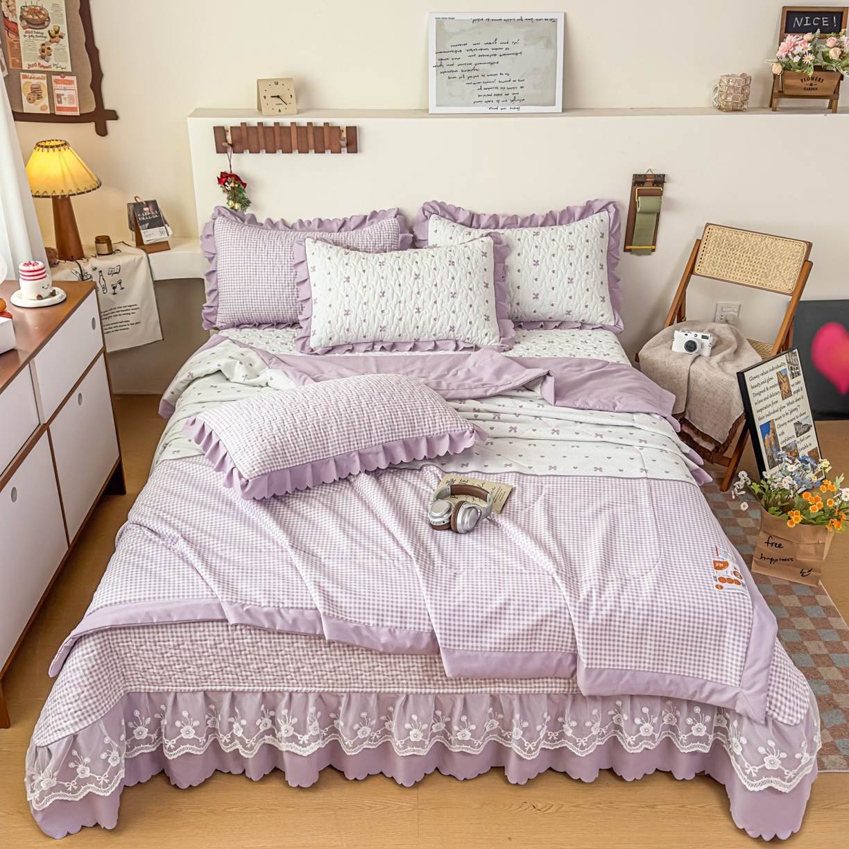 91家纺网 家纺一手货源 找家纺 雅眠居 2026直播爆款双层蕾丝花边夏被款床盖款四件套 彩格-紫