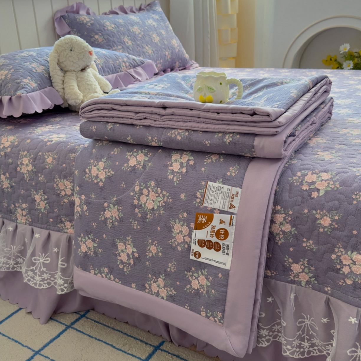 雅眠居 2026直播爆款双层蕾丝花边夏被款床盖款四件套 豆蔻