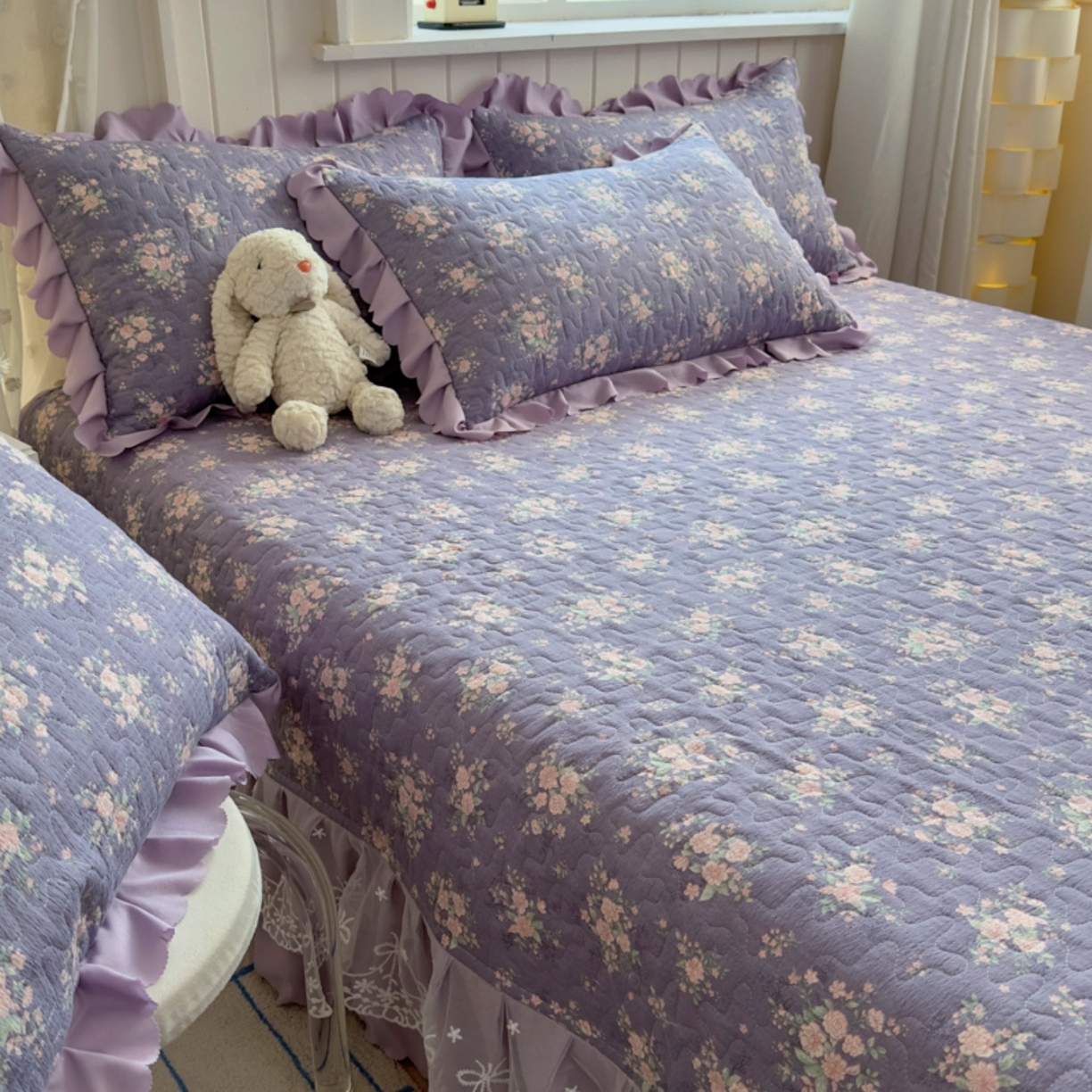 91家纺网 家纺一手货源 找家纺 雅眠居 2026直播爆款双层蕾丝花边夏被款床盖款四件套 豆蔻