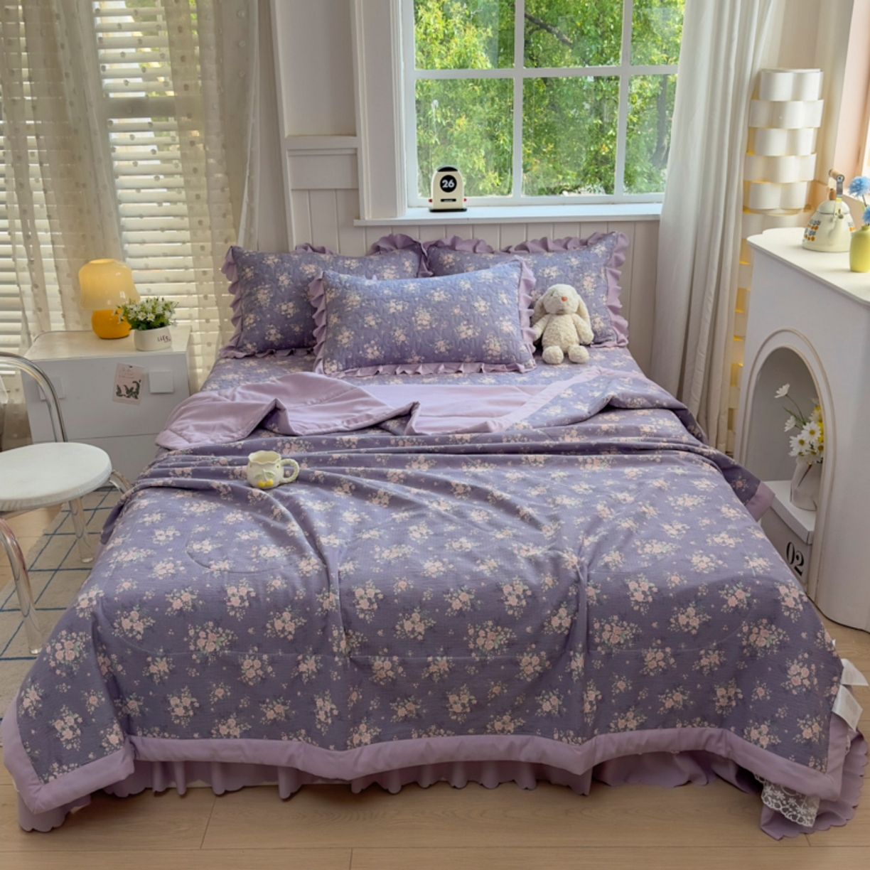 91家纺网 家纺一手货源 找家纺 雅眠居 2026直播爆款双层蕾丝花边夏被款床盖款四件套 豆蔻