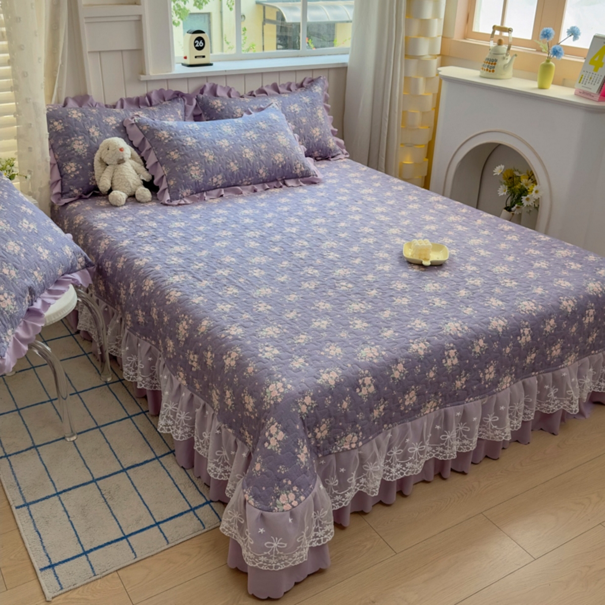 91家纺网 家纺一手货源 找家纺 雅眠居 2026直播爆款双层蕾丝花边夏被款床盖款四件套 豆蔻