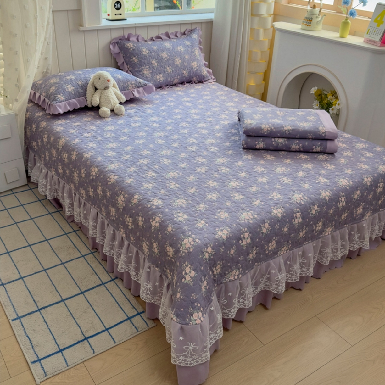 91家纺网 家纺一手货源 找家纺 雅眠居 2026直播爆款双层蕾丝花边夏被款床盖款四件套 豆蔻