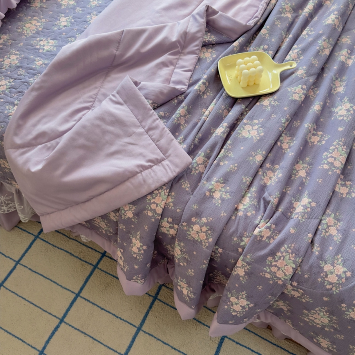 91家纺网 家纺一手货源 找家纺 雅眠居 2026直播爆款双层蕾丝花边夏被款床盖款四件套 豆蔻