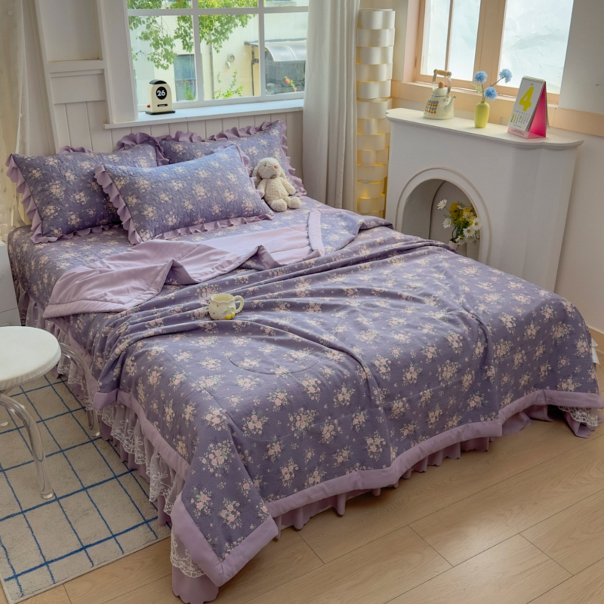 91家纺网 家纺一手货源 找家纺 雅眠居 2026直播爆款双层蕾丝花边夏被款床盖款四件套 豆蔻