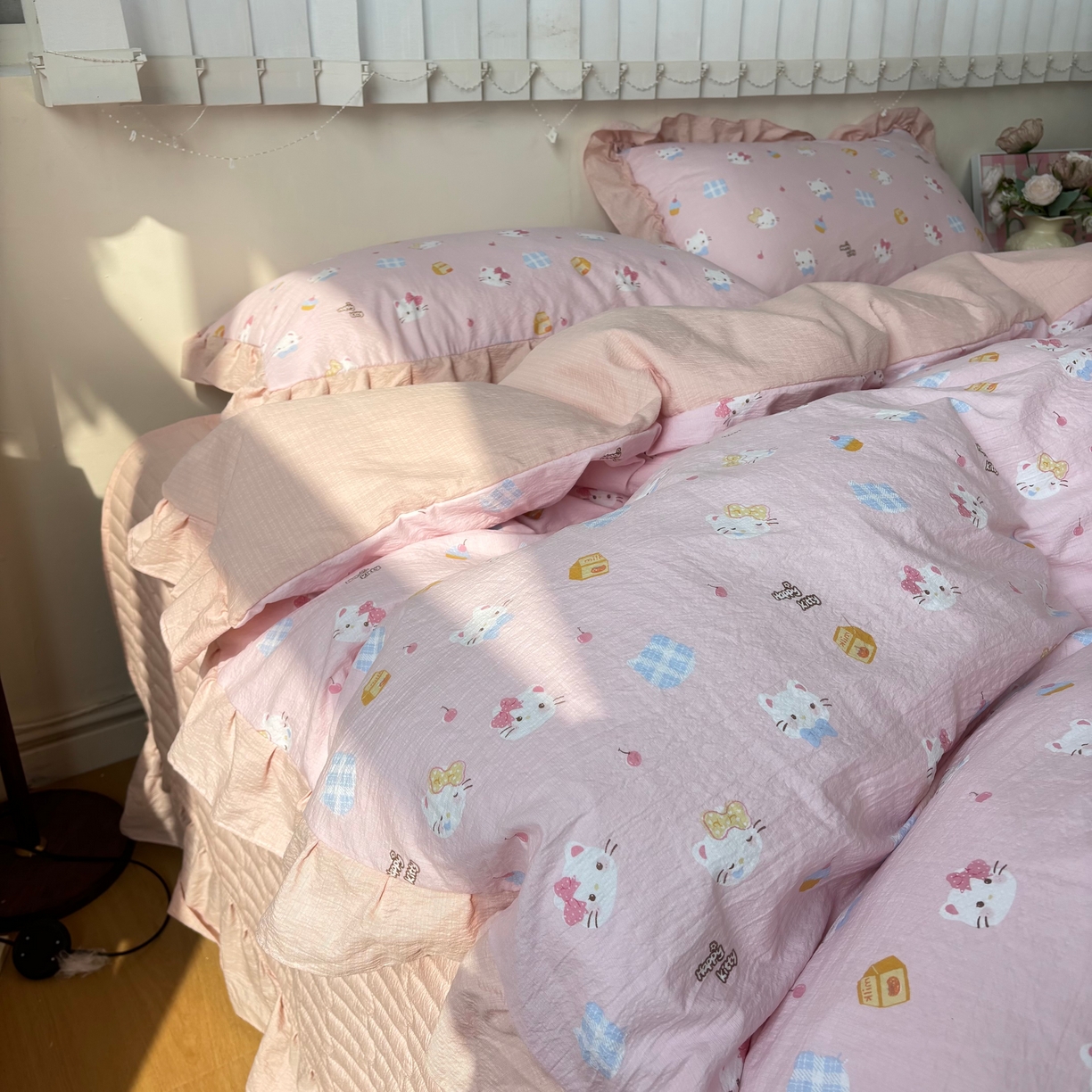 91家纺网 家纺一手货源 找家纺 （总）麦朵家居 2026新款花边款皱皱纱床盖款四件套水洗棉小清新三件套