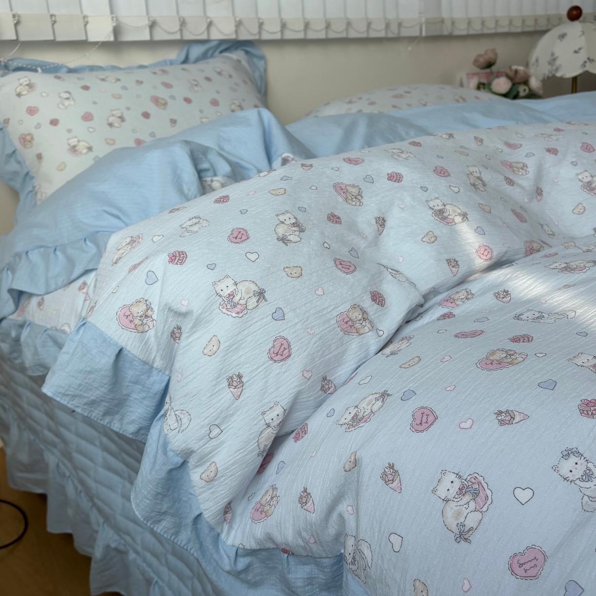 91家纺网 家纺一手货源 找家纺 （总）麦朵家居 2026新款花边款皱皱纱床盖款四件套水洗棉小清新三件套