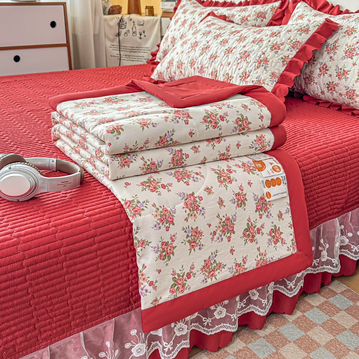 雅眠居 2026直播爆款双层蕾丝花边夏被款床盖款四件套 花语