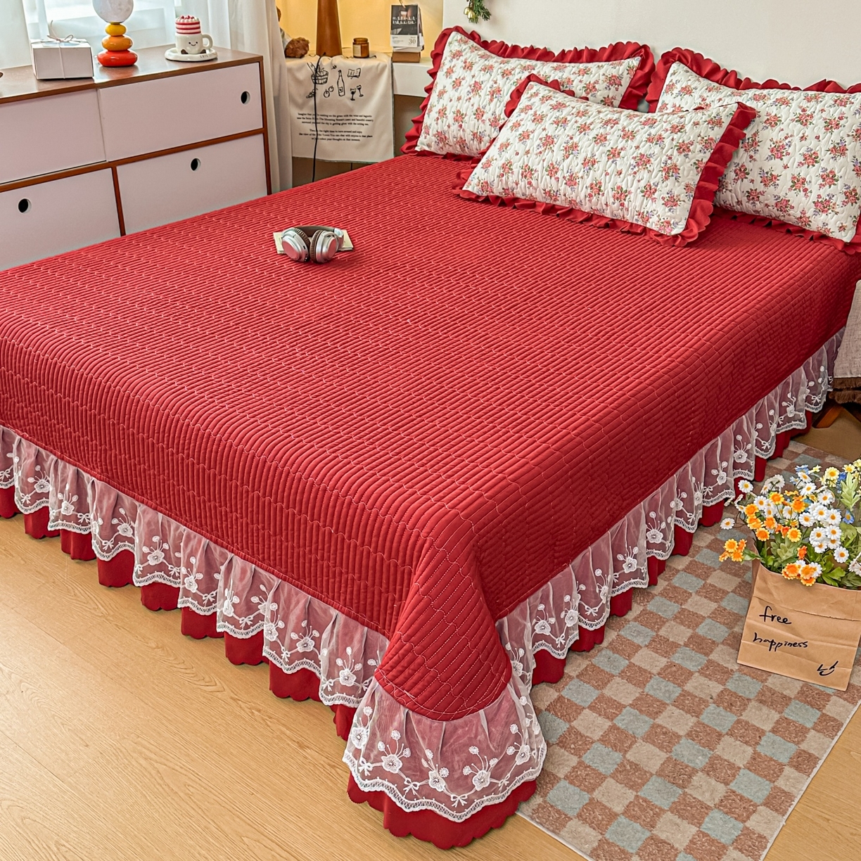 91家纺网 家纺一手货源 找家纺 雅眠居 2026直播爆款双层蕾丝花边夏被款床盖款四件套 花语