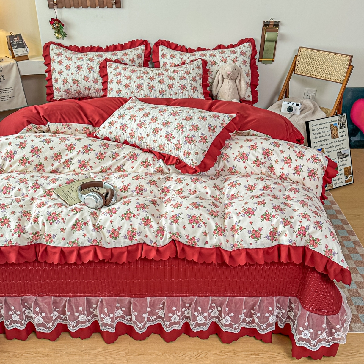 91家纺网 家纺一手货源 找家纺 雅眠居 2026直播爆款双层蕾丝花边夏被款床盖款四件套 花语