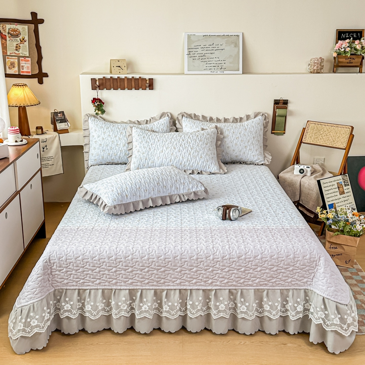 91家纺网 家纺一手货源 找家纺 雅眠居 2026直播爆款双层蕾丝花边夏被款床盖款四件套 秘境-灰