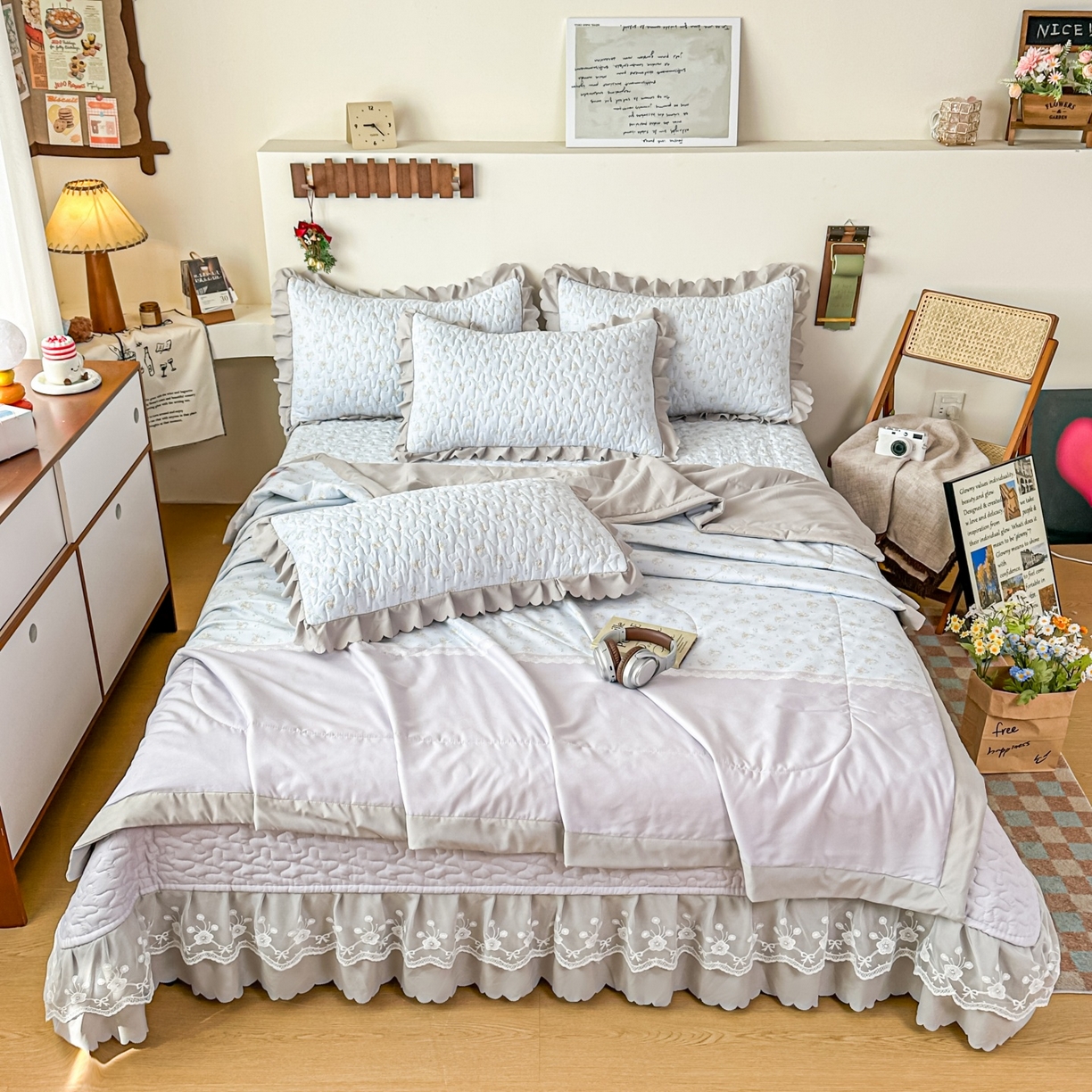 91家纺网 家纺一手货源 找家纺 雅眠居 2026直播爆款双层蕾丝花边夏被款床盖款四件套 秘境-灰