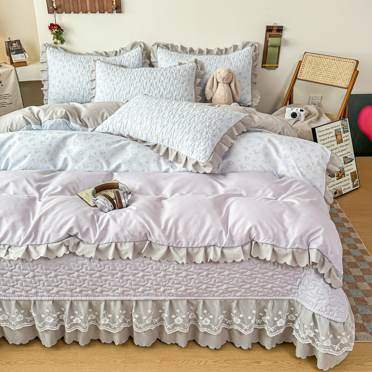 91家纺网 家纺一手货源 找家纺 雅眠居 2026直播爆款双层蕾丝花边夏被款床盖款四件套 秘境-灰