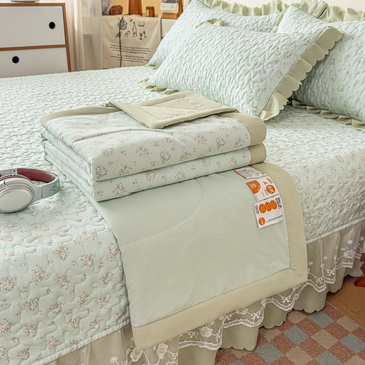 雅眠居 2026直播爆款双层蕾丝花边夏被款床盖款四件套 秘境-绿