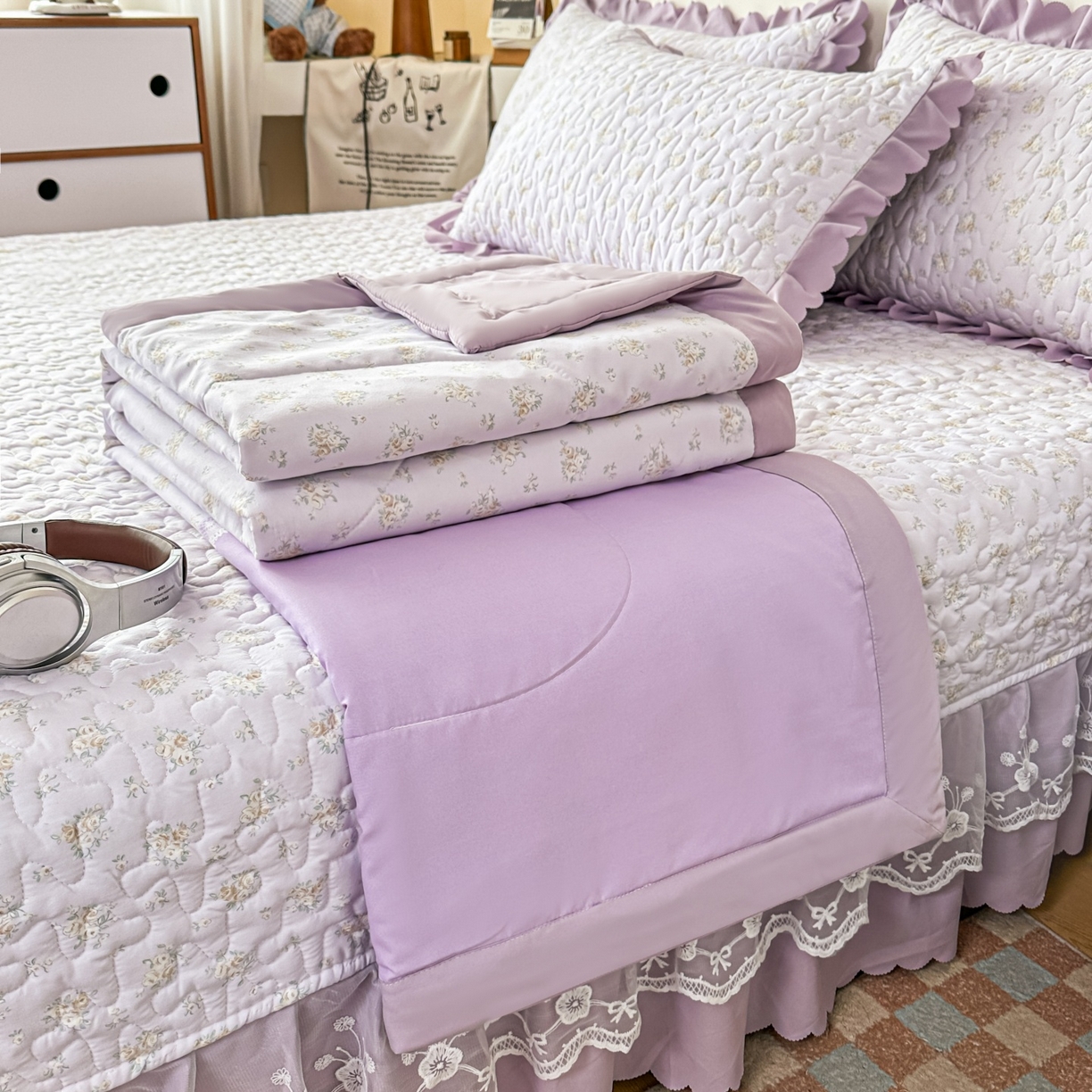 雅眠居 2026直播爆款双层蕾丝花边夏被款床盖款四件套 秘境-紫