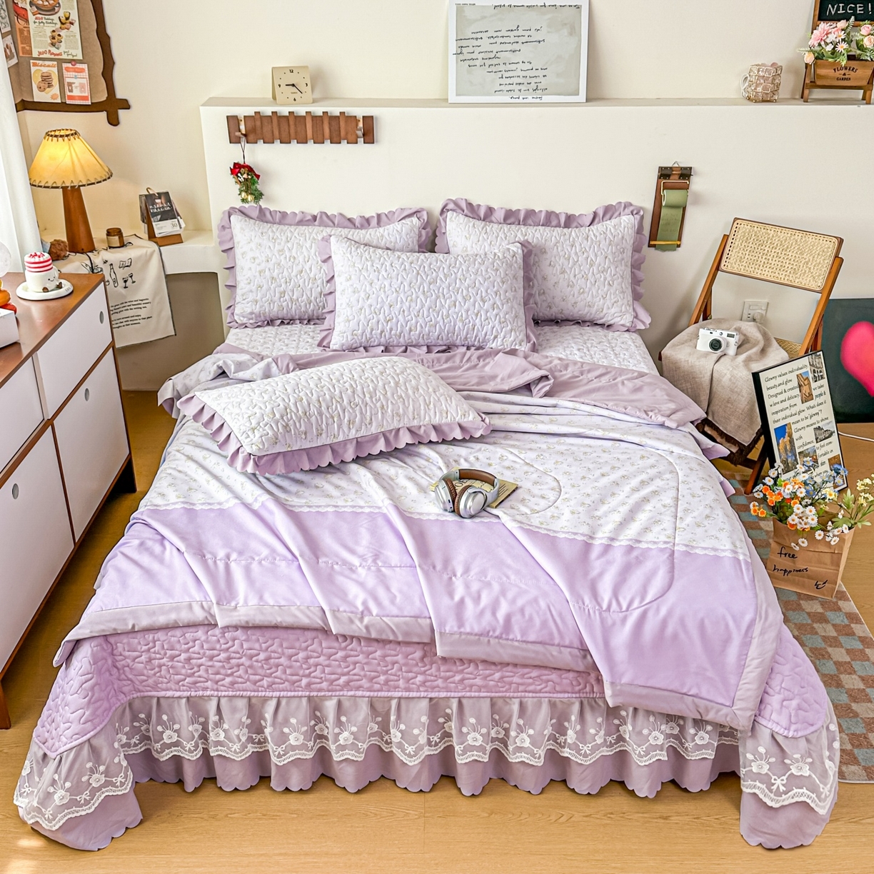91家纺网 家纺一手货源 找家纺 雅眠居 2026直播爆款双层蕾丝花边夏被款床盖款四件套 秘境-紫