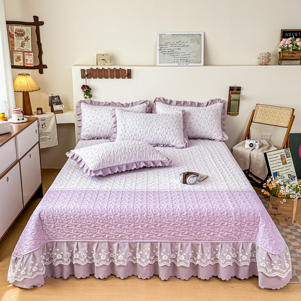 91家纺网 家纺一手货源 找家纺 雅眠居 2026直播爆款双层蕾丝花边夏被款床盖款四件套 秘境-紫