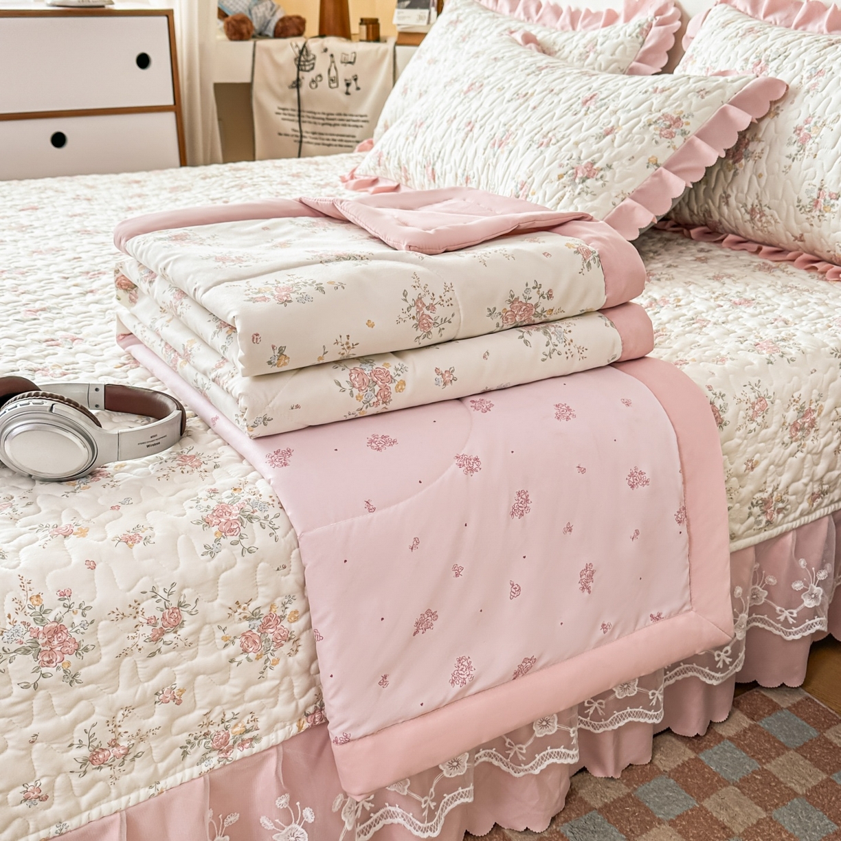 雅眠居 2026直播爆款双层蕾丝花边夏被款床盖款四件套 诗意