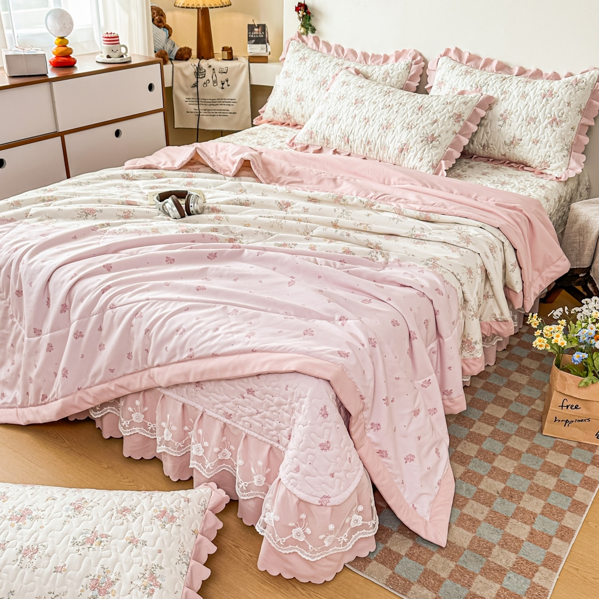 91家纺网 家纺一手货源 找家纺 雅眠居 2026直播爆款双层蕾丝花边夏被款床盖款四件套 诗意