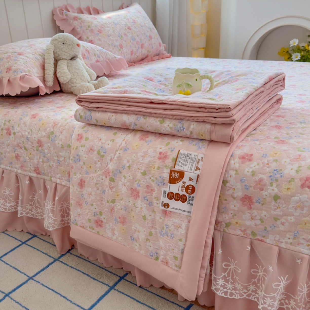 雅眠居 2026直播爆款双层蕾丝花边夏被款床盖款四件套 十里桃花